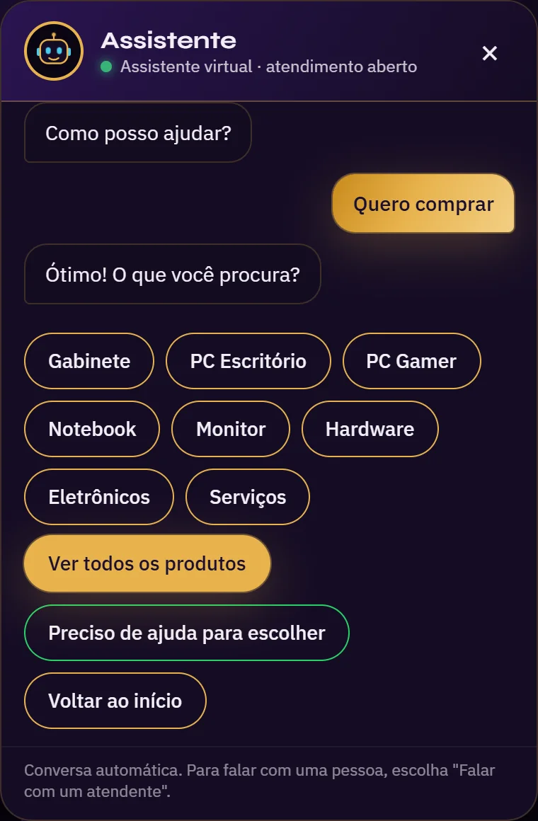 O assistente da loja mostrando as categorias, com dados fictícios