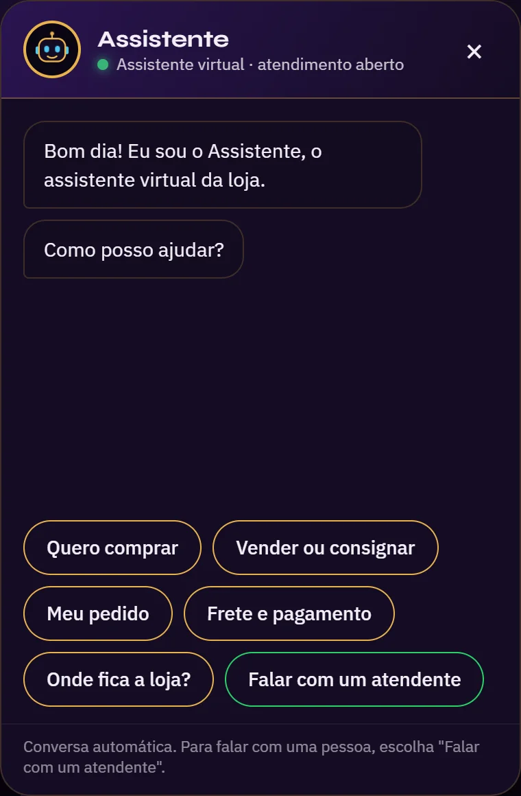 O assistente da loja: início da conversa, com dados fictícios